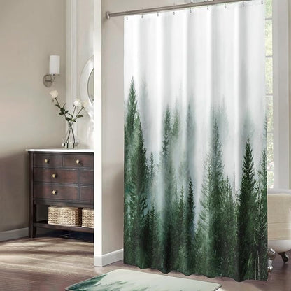 ORTIGIA 54x78 Misty Forest Stall Shower Curtain for Small Bathroom, Green Narrow Nature Woodland Shower Curtain Set with Hooks, Waterproof Fabric Pine Tree Fog Magic Home Bath Curtain