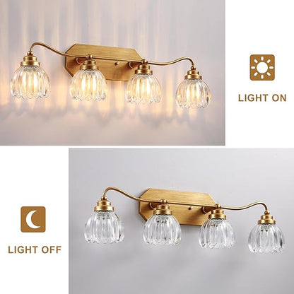 Vintage Bathroom Light Fixtures, 4 Light Gold Bathroom Vanity Light, Matte Antique Brass Finish with Crystal Glass Shade, Wall Sconces Lighting for Bedroom, Living Room, Hallway