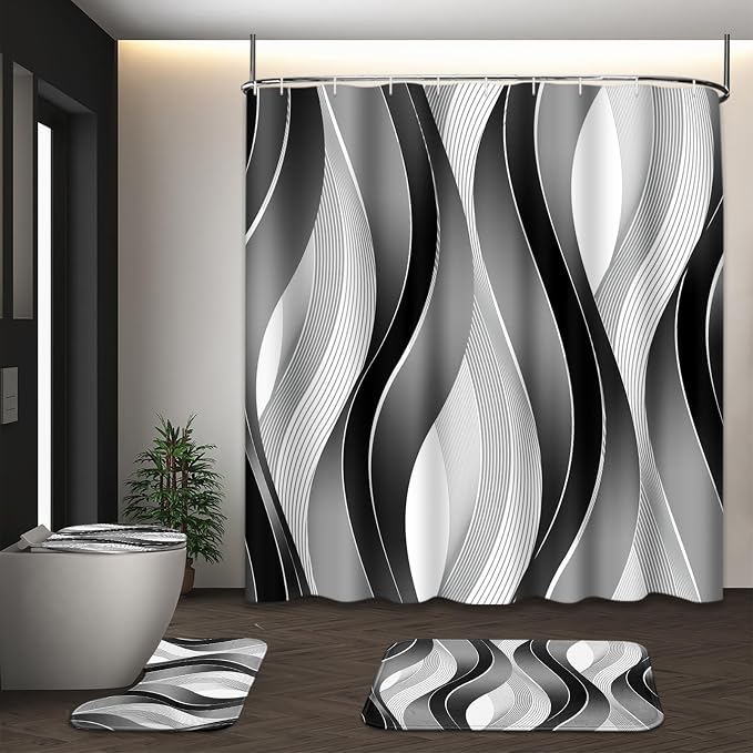 Bathroom Sets with Shower Curtain and Rugs, 4 Pcs Geometric Stripes | Abstract Modern Wavy Bathroom Decor Set with Toilet Lid Cover, Non-Slip Bath Mats and Accessories 12 Hooks