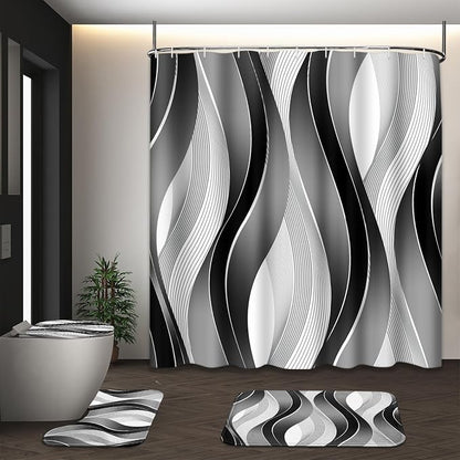 Bathroom Sets with Shower Curtain and Rugs, 4 Pcs Geometric Stripes | Abstract Modern Wavy Bathroom Decor Set with Toilet Lid Cover, Non-Slip Bath Mats and Accessories 12 Hooks