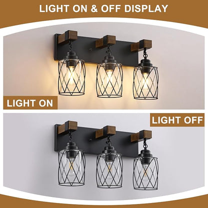 Bathroom Light Fixtures,Farmhouse Black Metal with Glass Shade | 3 Light Rustic Vanity Lights, Wood Accent Wire Cage Design, Mounts Over Mirror, Ideal for Bedroom & Hallway,Easy to Install