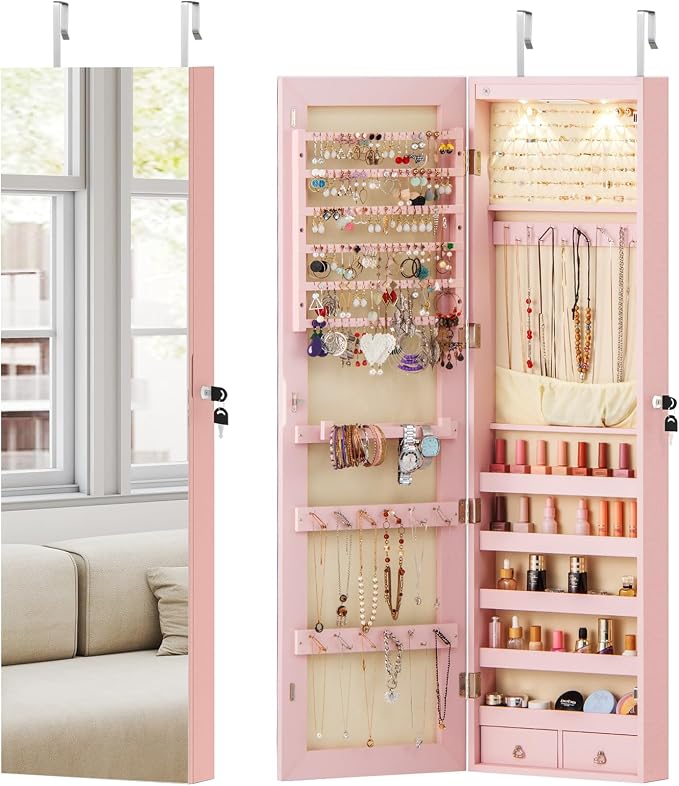 COSTWAY Wall Mounted Jewelry Armoire with Full Length Mirror & 2 LED Lights, Large Storage Capacity, Lockable Mirror Jewelry Cabinet for Women Girls (Pink)