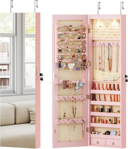 COSTWAY Wall Mounted Jewelry Armoire with Full Length Mirror & 2 LED Lights, Large Storage Capacity, Lockable Mirror Jewelry Cabinet for Women Girls (Pink)
