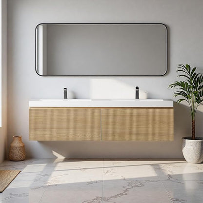 60'' Floating Bathroom Vanity with Sink, Wall-Mounted Bathroom Storage Cabinet with 2 Soft-Close Striped Drawers & Double Solid Surface Basins, Natural Oak Body with Internal Handle, Wood