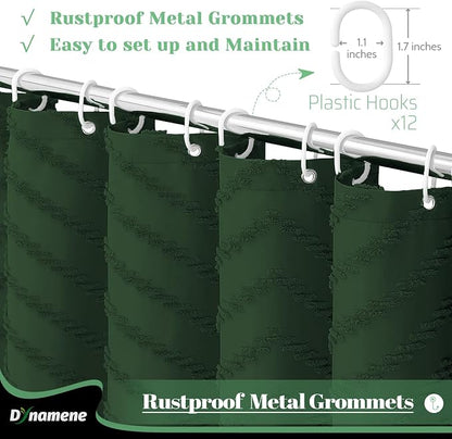 Long Boho Farmhouse Shower Curtain Tufted Chevron 72x78 Dark Green | 78 Inch Tall, Elegant Tassel, Lightweight Textured Fabric, Water Repellent, Washable, Hotel Spa, for Bathroom/Dorm 12 Hooks