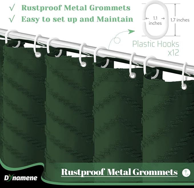 Extra Long Boho Shower Curtain Tufted Chevron 72"x84" Dark Green | 84 Inch Tall, Elegant Tassel, Lightweight Textured Fabric, Water Repellent, Washable, Hotel Spa, for Bathroom/Dorm 12 Hooks