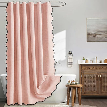 MIULEE 72"x84" Extra Long Scalloped Linen Shower Curtain Blush Pink | Linen Textured, Waterproof, Washable, 12 Metal Hooks, Heavy Duty Cloth, Black Border, Shower Curtain for Bathroom Bathtub