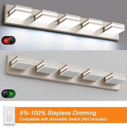 Bathroom Lights Fixtures Over Mirror, 360°Rotate Modern LED Vanity Lights for Bathroom, 40W Dimmable & High CRI Acrylic Wall Lighting, No Assembly Required (Brushed Nickel, 5-Light, 30 Inch)