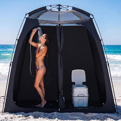 EighteenTek® Upgraded Shower Tents with Hub, Pop Up Privacy Tent Camping 2-Room Privacy Shelter with Floor & Dual Doors, Portable Easy-Setup Toilet & Changing Tent, 83" x 47" x 77.6"H
