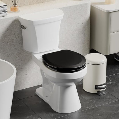 Angol Shiold Quiet-Close Molded Wood Toilet Seat with Non-Slip Adjustable Hinges, Anti-Pinch Bumpers, Easy Install & Clean（Black, Round 16.5''）