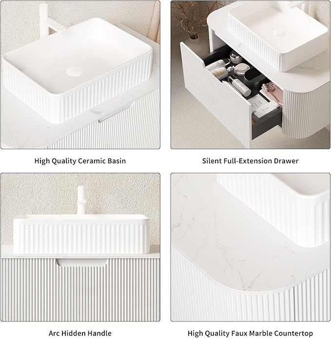 Yayzy 30" Floating Bathroom Vanity with Sink, Solid Wood Fluted Cabinet, White Fluted Square Ceramic Basin & Faux Marble Top, Soft-Close Drawer, Pre-Assembled, White