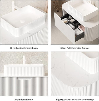 Yayzy 30" Floating Bathroom Vanity with Sink, Solid Wood Fluted Cabinet, White Fluted Square Ceramic Basin & Faux Marble Top, Soft-Close Drawer, Pre-Assembled, White