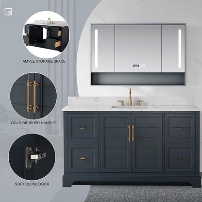 HOMEBEYOND 60 Inch Bathroom Vanity with Single Sink & Ceramic Top, Vanity Cabinet with Center Countertop Basin, Soft-Closing Doors, Backsplash, Vintage Spruce Blue