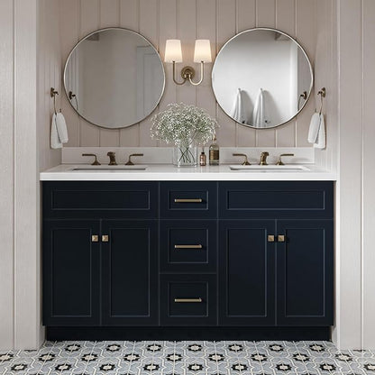 DKB Bradford 60" Midnight Blue Double Bathroom Vanity with Sink, 1.5" Pure White Quartz Countertop, Rectangular Undermount Sinks, Soft Closing Doors & Dovetail Drawers, Satin Brass