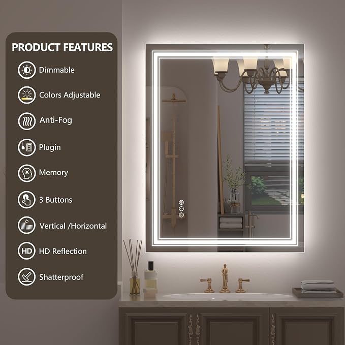 28x36 LED Lighted Mirror for Bathroom Wall | Dimmable, Backlit and Front Lighted Mirror, Anti-Fog, Shatterproof, Memory, ETL Listed (Horizontal/Vertical)