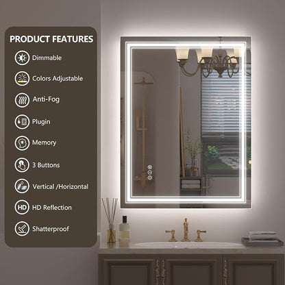 28x36 LED Lighted Mirror for Bathroom Wall | Dimmable, Backlit and Front Lighted Mirror, Anti-Fog, Shatterproof, Memory, ETL Listed (Horizontal/Vertical)