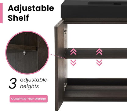 72" Bathroom Vanity with Sink Combo, Mid Century Modern Bathroom Cabinet with 4 Doors & Open Shelf, Matte Black Integrated Sink with Overflow, Dark Grey Oak
