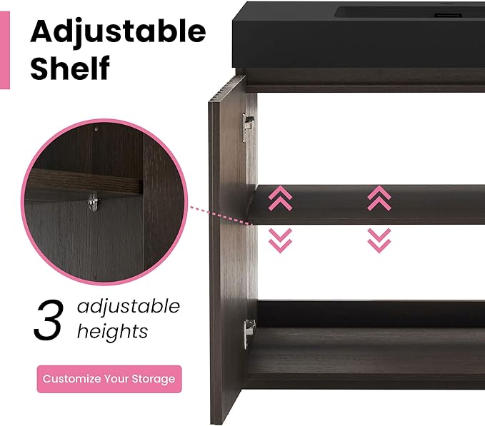 48" Bathroom Vanity with Sink Combo, Mid Century Modern Bathroom Cabinet with Doors & Open Shelf, Matte Black Integrated Sink with Overflow, Dark Grey Oak