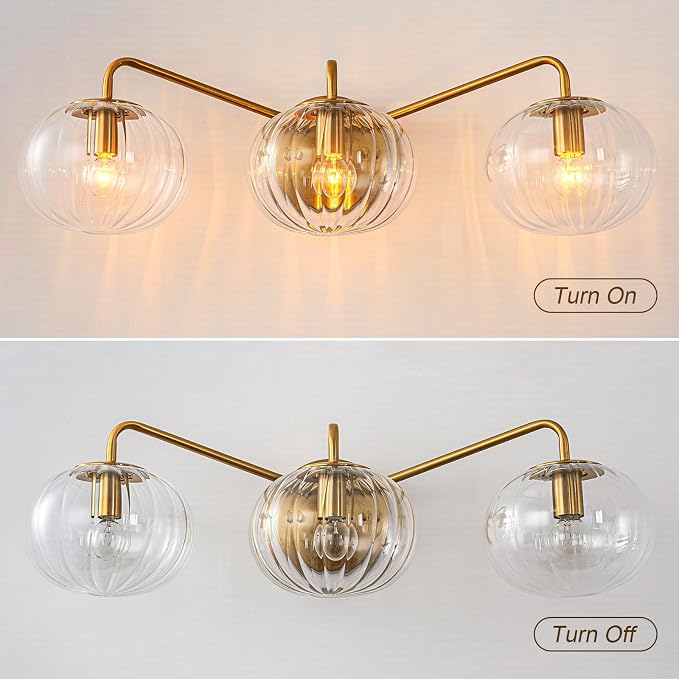 Lingkai Bathroom Light Fixtures,3 Lights Brushed Brass Vanity Light,Modern Wall Sconce with Clear Striped Glass Shade,Bathroom Vanity Lights Over Mirror for Hallway Picture Wall Lighting Living