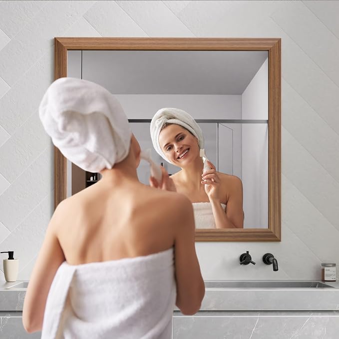 Bathroom Mirror for Wall, 40 X36 Inch (Walnut Wood Grain) | Metal Framed, HD Reflection, Anti-Rust, Hang Horizontally/Vertically, Suitable for Bedroom, Farmhouse, Bathroom, Entryway