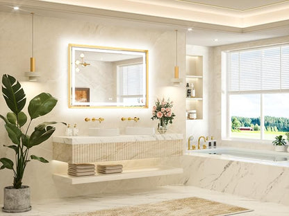 48 x 32 Bathroom LED Mirror Brushed Gold Metal Frame Frontlit & Backlit Vanity Mirror Stepless Dimmable Anti-Fog 3 Colors White/Warm/Natural Light up Vanity Wall-Mounted