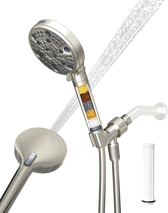 Filtered Handheld Shower Head for Hard Water, High Pressure Showerhead with 7 Spray Modes, Power Jet & Pause, Detachable & Adjustable for Healthier Skin & Hair - Brushed Nickel (VMASSTONE HM-003)