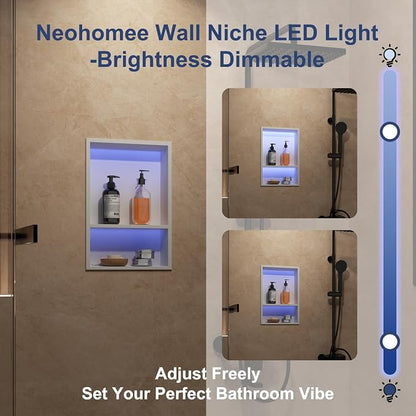 2-Tiers 12x18Inch Shower Niche with RGB LED Light Strips, White Recessed Wall Niche with Light, NO Tile Needed Cabinet Storage Organizer, Stainless Steel Bathroom Storage for Shower Wall