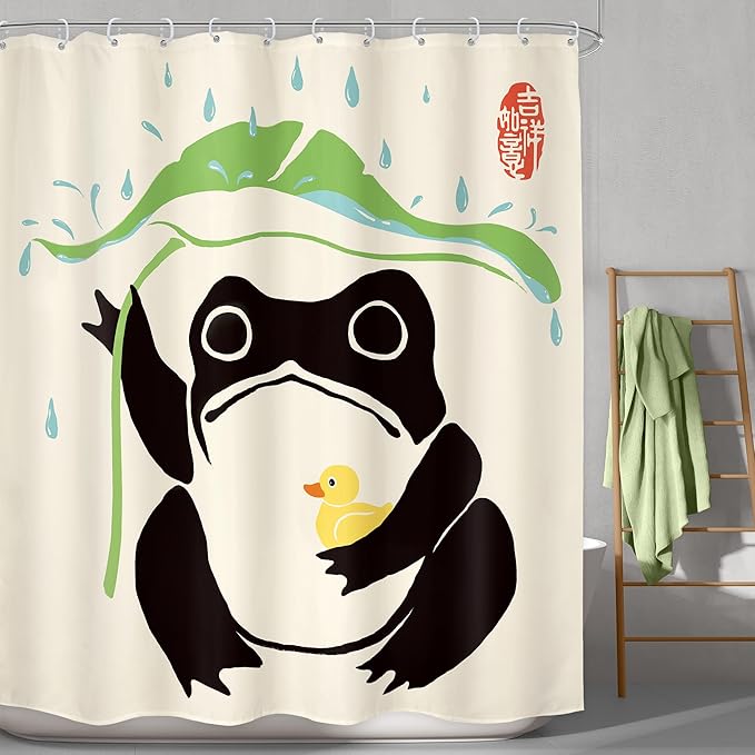 LGhtyro Funny Frog Shower Curtain Bathroom Set 71Wx78H Inches Asian Duck Traditional Art Japanese Cute Animal Taking Lotus Leaf Rain Bath Accessories Black Green Art Home Decor Fabric 12 Pack Hooks