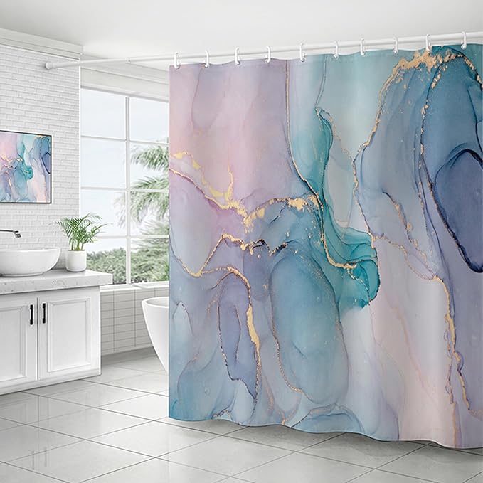 Pink Purple Marble Shower Curtain Teal Blue Abstract Modern Ink Art Colorful Bathroom Curtains Waterproof Polyester Fabric Bath Curtain 72 x 72 Inch with 12 Hooks