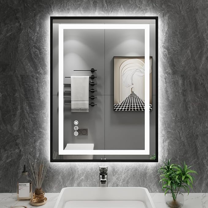 28"X36" LED Bathroom Mirror with Black Frame, Front Lit and Backlit | Metal Framed Mirror, Stepless Dimmable, HD Reflection, Anti-Fog, Shatter-Proof, Memory, 3 Colors Lighting, UL Listed.