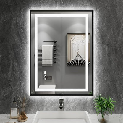 28"X36" LED Bathroom Mirror with Black Frame, Front Lit and Backlit | Metal Framed Mirror, Stepless Dimmable, HD Reflection, Anti-Fog, Shatter-Proof, Memory, 3 Colors Lighting, UL Listed.