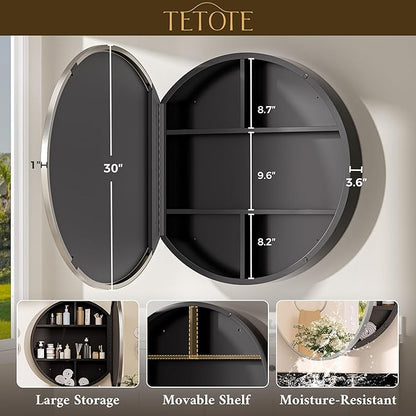 TETOTE Bathroom Mirror Cabinet 30 x 30 Brushed Nickel Round Bathroom Medicine Cabinet with Mirror Adjustable Shelves Farmhouse Wall Mirror with Storage Surface Mounted