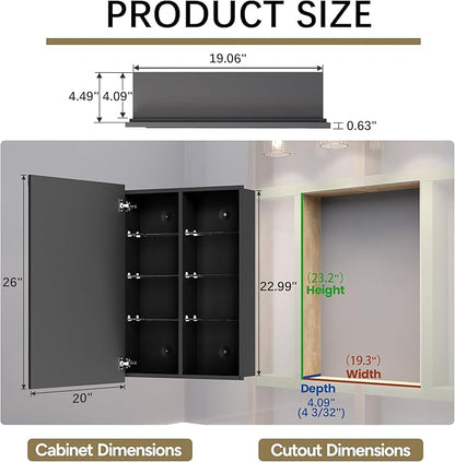 20x26 Medicine Cabinet with Mirror, 6 Adjustable Tempered Glass Shelves, Matte Black Aluminum Bathroom Storage, Soft-Close DTC Hinges, Surface or Recessed Mount, Tempered Beveled Mirror