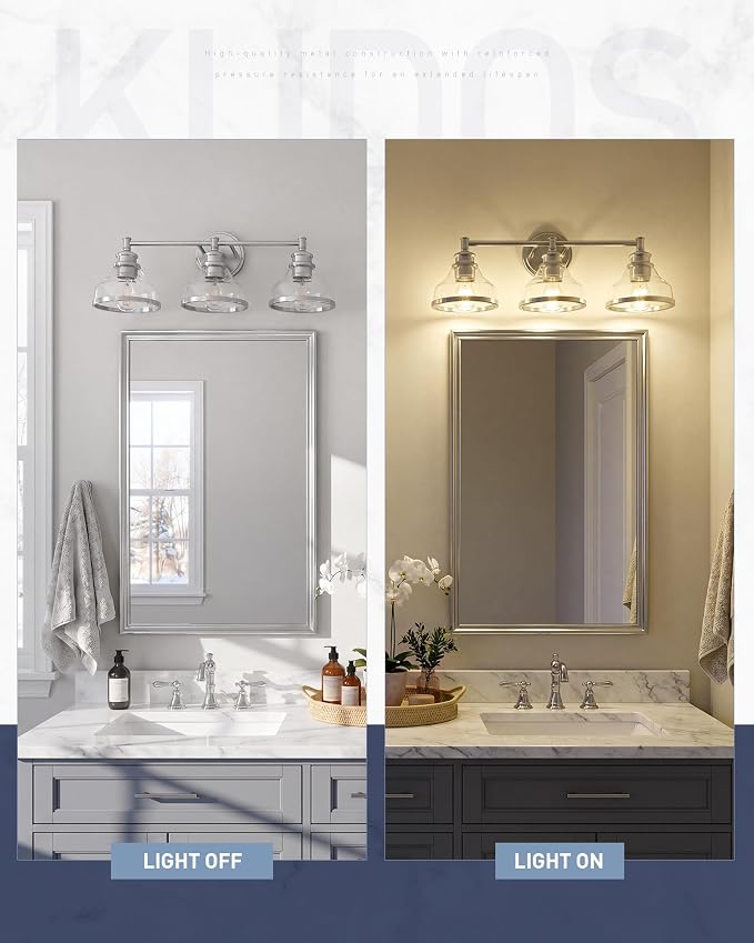 kudos 3-Light Brushed Nickel Vanity Light, Clear Glass Shade | 24" bathroom light fixtures over mirror, upward or downward, E26 base, bulbs not included, Hardwired, KDVL20-BN-3