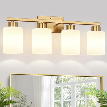 4-Light Bathroom Light Fixtures, Brushed Gold Vanity Light with Milky White Frosted Glass Shades, Modern Bathroom Vanity Light for Mirror, Bedroom, Hallway, or Living Room