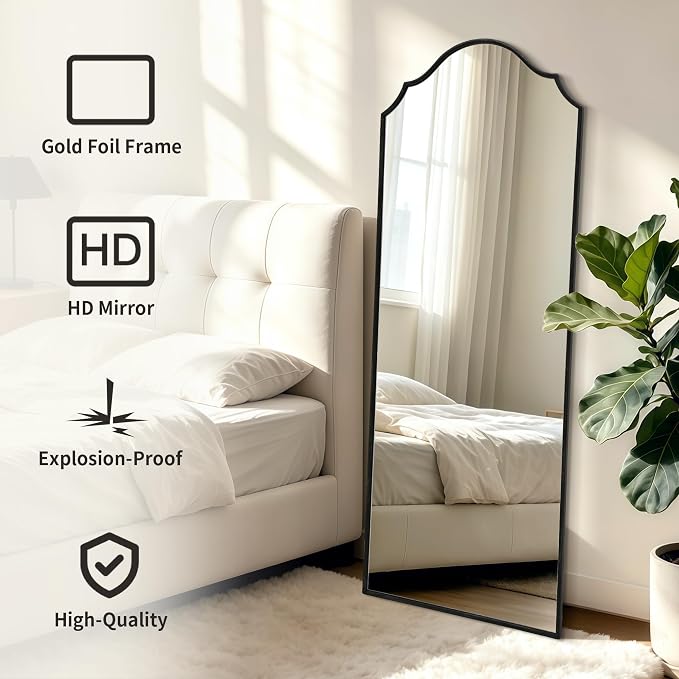 Besdomus Scalloped Full Length Mirror: 21"x56" Black Arched Floor Mirror | Classical Minimalist Wooden Frame Body Long Mirror for Wall/Bedroom/Cloakroom/Entryway/Living Room - Home Decor for Housewife