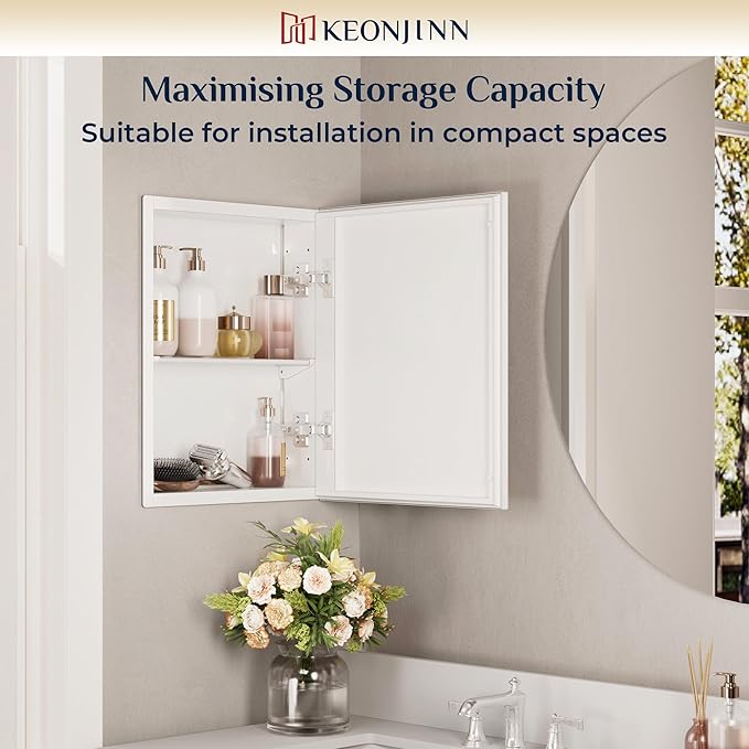 Keonjinn Small Medicine Cabinet Mirror 14" x 18", Assembly Needed, White Bathroom Medicine Cabinet with Mirror, Beveled Framed, Stepless Adjustable Shelf, One Shelf Only, Wall-Mounted or Recessed
