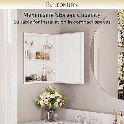 Keonjinn Small Medicine Cabinet Mirror 14" x 18", Assembly Needed, White Bathroom Medicine Cabinet with Mirror, Beveled Framed, Stepless Adjustable Shelf, One Shelf Only, Wall-Mounted or Recessed