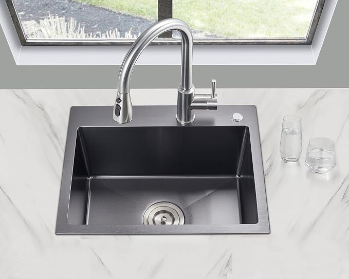 24 inch Drop-In Single Bowl Kitchen Sink 304 Black Steel 9" Deep | 24"x18" Black Drop in Sink | 304 SS | Topmount | 9" Deep Basin | Single Bowl | Residential/Prep