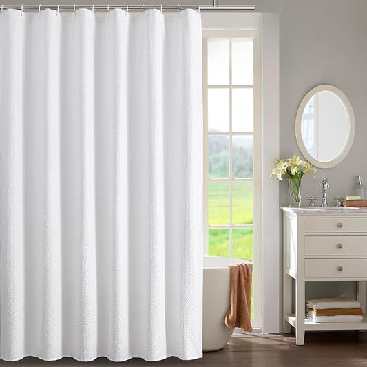 OWENIE White Shower Curtain for Bathroom 90 Inches Eatra Long, Elegant 3D Embossed Textured Cloth Waffle Shower Curtain, Modern Luxury Hotel Style, Water Repellent, Machine Washable, 72X90, White