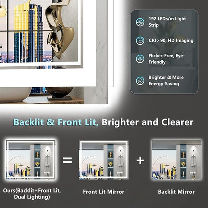 44x32 LED Bathroom Mirror, Backlit & Front Lit Lighted Mirror | Anti-Fog Vanity Mirror with Lights, 3 Color Dimmable, Memory, HD Tempered Glass, CRI95, IP54, UL Listed, Horizontal/Vertical