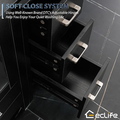 eclife 84" Modern Bathroom Vanity Sink Combo Freestanding Cabinet with Small Side Cabinet, White Rectangle Ceramic Vessel Sink, Water Save Faucet, Drain (Black+T03)
