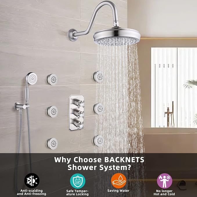 All Metal Thermostatic Shower System Backnets Wall Mounted Antique Shower Faucet Set with Body Jets and Handheld, Bathroom Mixer Shower Set Wall Mounted Rough-in Valve and Trim Kit Brushed Nickel