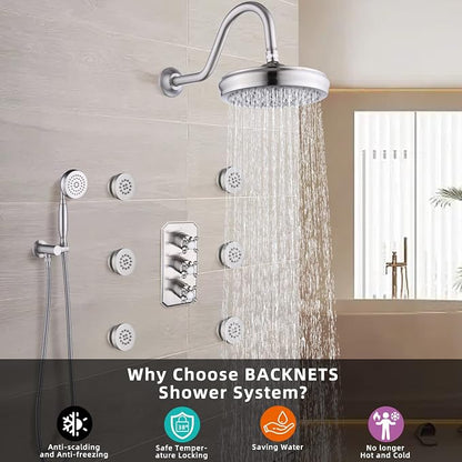 All Metal Thermostatic Shower System Backnets Wall Mounted Antique Shower Faucet Set with Body Jets and Handheld, Bathroom Mixer Shower Set Wall Mounted Rough-in Valve and Trim Kit Brushed Nickel