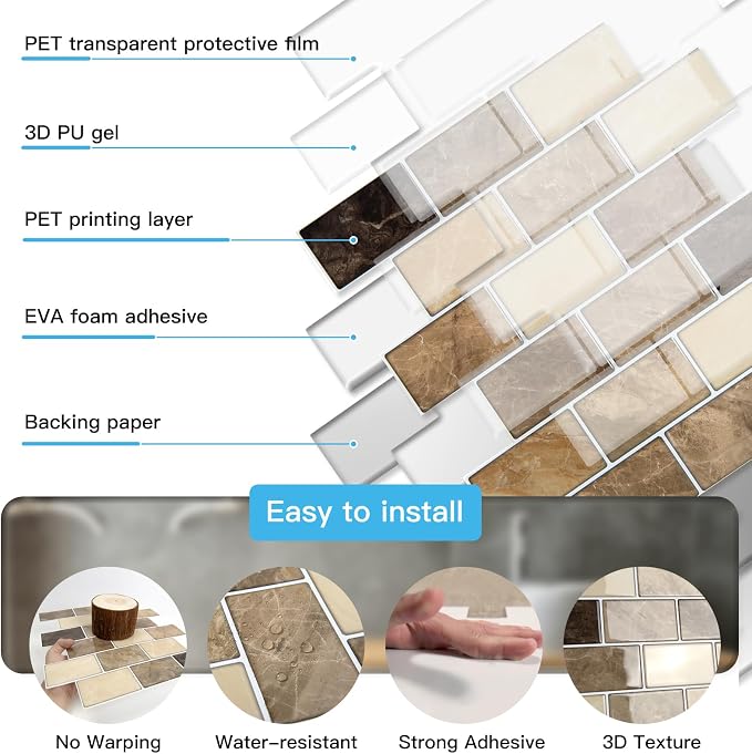 Art3d 10-Pack Subway Peel and Stick Backsplash, Yellow Jasper, 12 x 12 Inch | Thickened Design, No Warping, Durable, Self-Adhesive, Sturdy, for Kitchen, Bedroom, Ideal for New Home Buyers, Future Movers