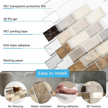 Art3d 10-Pack Subway Peel and Stick Backsplash, Yellow Jasper, 12 x 12 Inch | Thickened Design, No Warping, Durable, Self-Adhesive, Sturdy, for Kitchen, Bedroom, Ideal for New Home Buyers, Future Movers