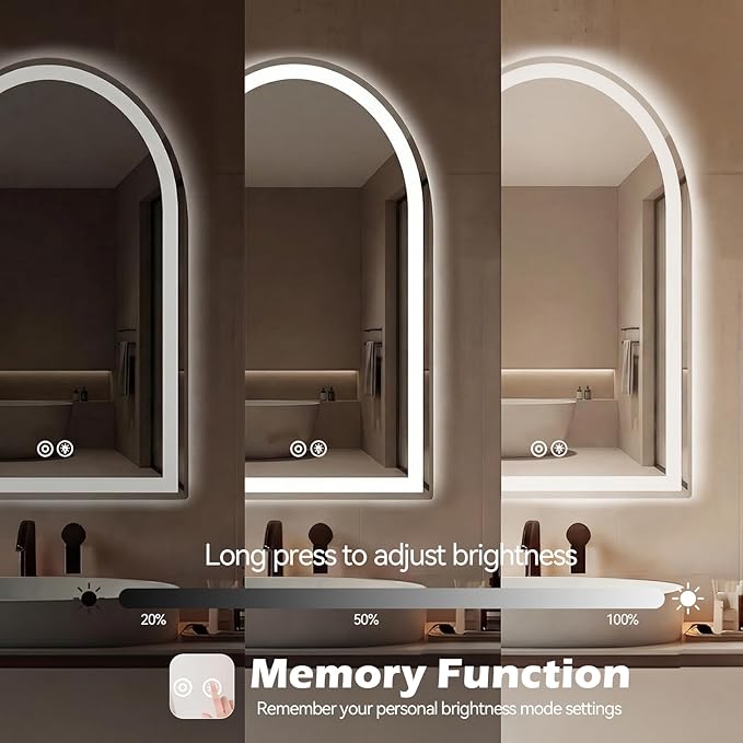 DUMOS 24"×32" LED Bathroom Mirror with Lights, Arched Vanity Mirror with Anti-Fog, Dimmable, 3-Color Light, Memory Function, Tempered Glass