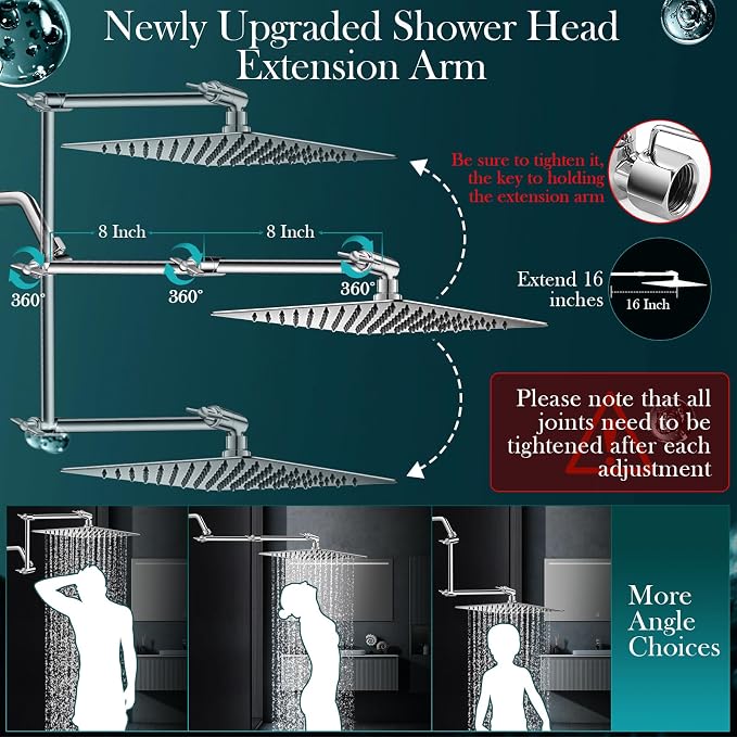 12 Inch Rain Shower Head Combo,5 Spray Handheld with 16" Extension Arm | High Pressure Rainfall Showerhead with Flexible Adjustment of Height/ Angle Upgraded Extender Arm, Anti-leak (Chrome)