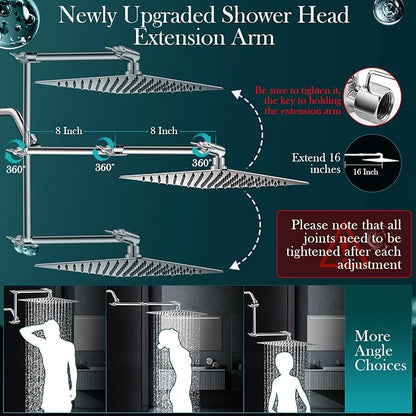 12 Inch Rain Shower Head Combo,5 Spray Handheld with 16" Extension Arm | High Pressure Rainfall Showerhead with Flexible Adjustment of Height/ Angle Upgraded Extender Arm, Anti-leak (Chrome)