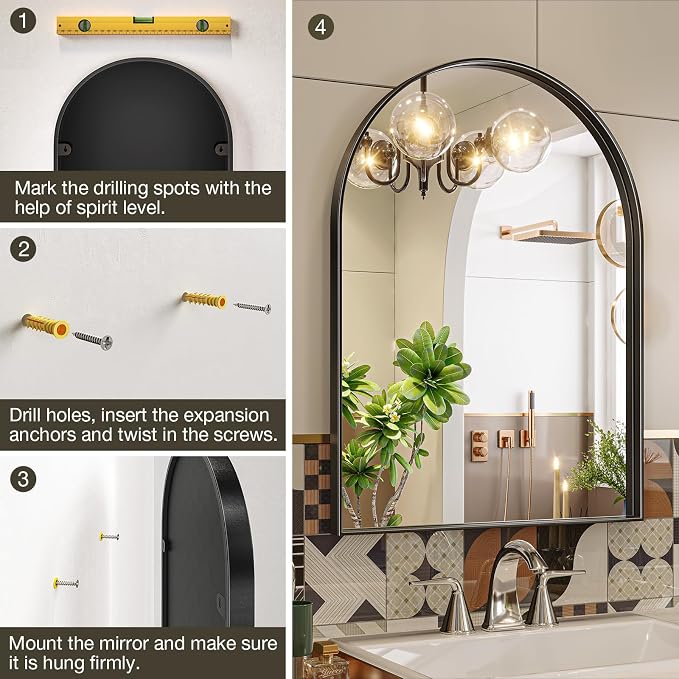 Brightify Arched Mirror, Arched Wall Mirror, 24 x 38 Inch Black Arch Mirror, Metal Frame Black Bathroom Mirror, Arched Top Bathroom Vanity Mirror for Living Room Bedroom Mantel Entryway Hallways
